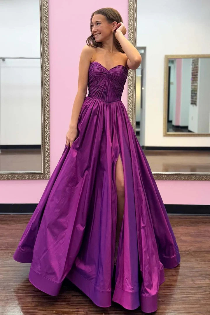 Grape Satin A-Line Empire Strapless Party Prom Dress