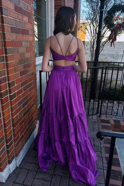 Grape Satin A-Line Spaghetti Straps Party Prom Dress