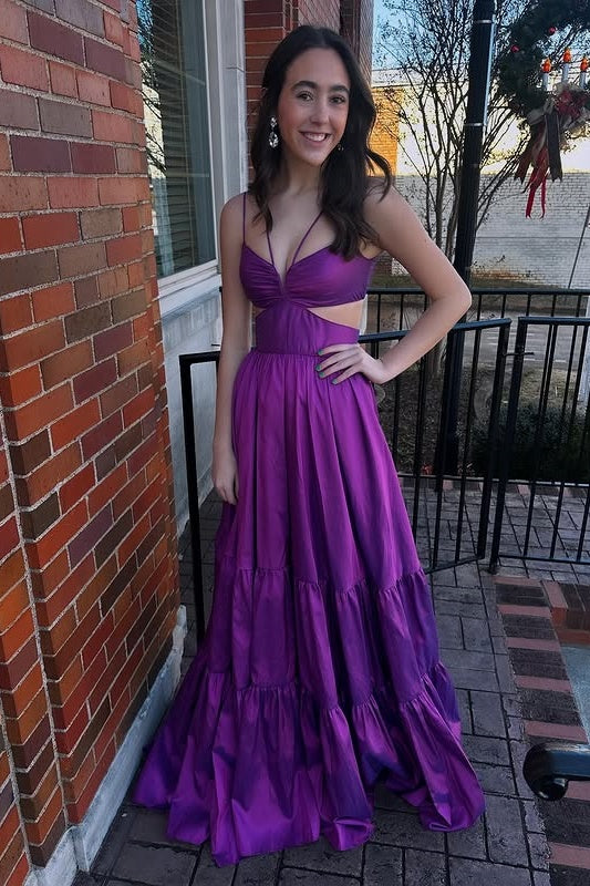 Grape Satin A-Line Spaghetti Straps Party Prom Dress