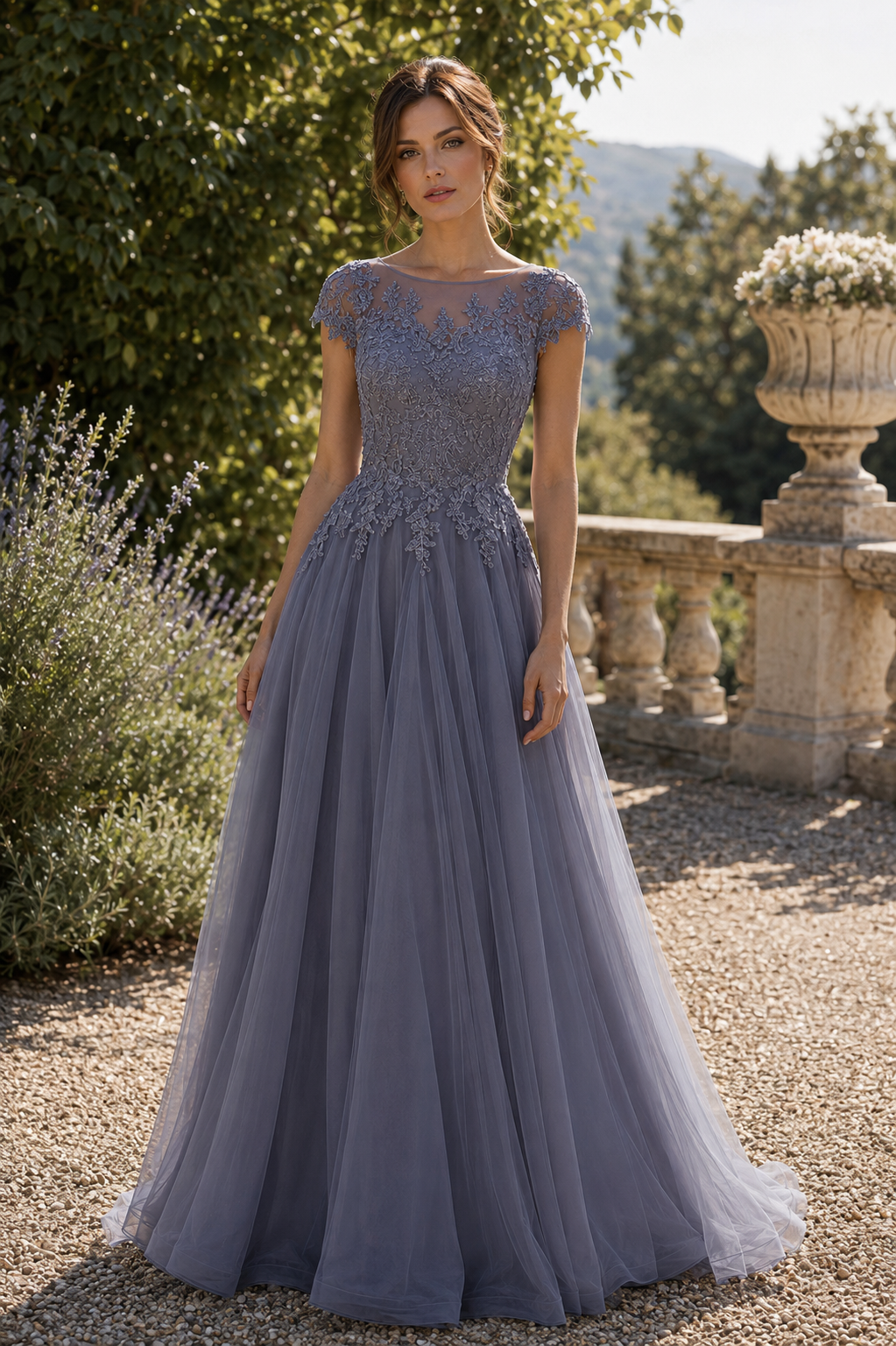 A-Line Lace And Tulle Round Short Sleeves Mother Of The Bride Dress