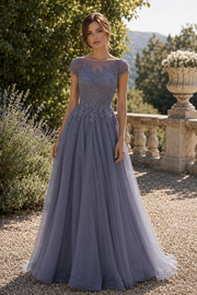 A-Line Lace And Tulle Round Short Sleeves Mother Of The Bride Dress