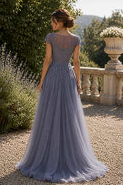 A-Line Lace And Tulle Round Short Sleeves Mother Of The Bride Dress