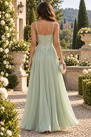 Green A-Line Empire Boat Sleeveless Lace Appliques Chiffon Prom Party Dress