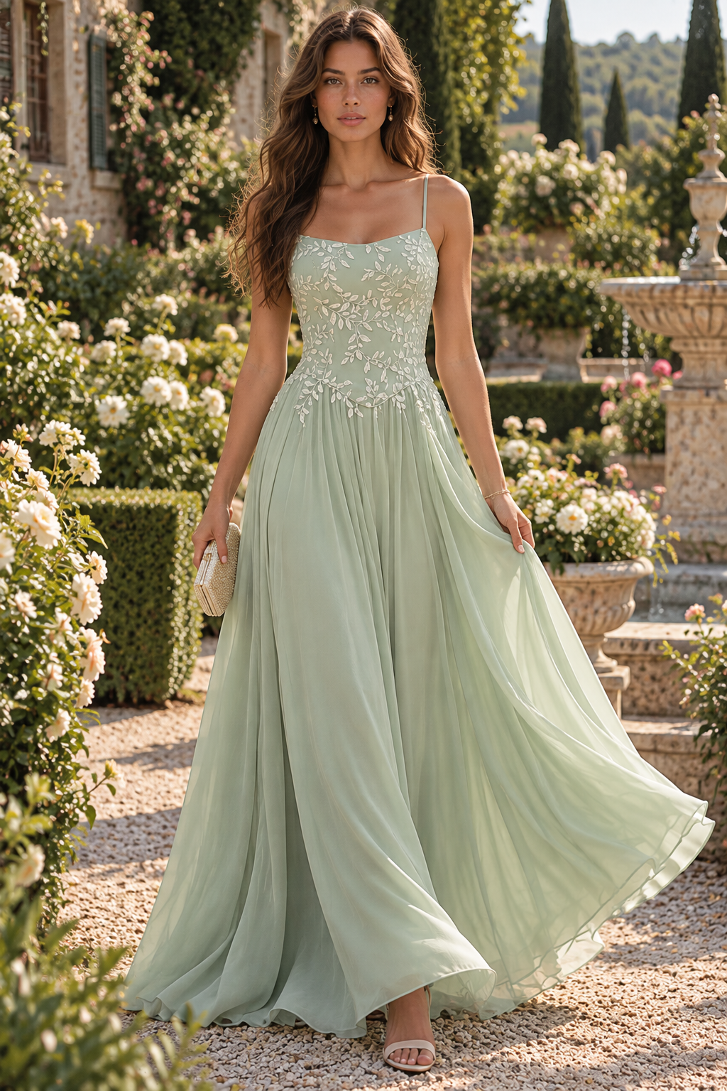 Green A-Line Empire Boat Sleeveless Lace Appliques Chiffon Prom Party Dress
