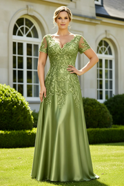 Green A-Line Short Sleeves Lace And Satin Mother Of The Bride Dress