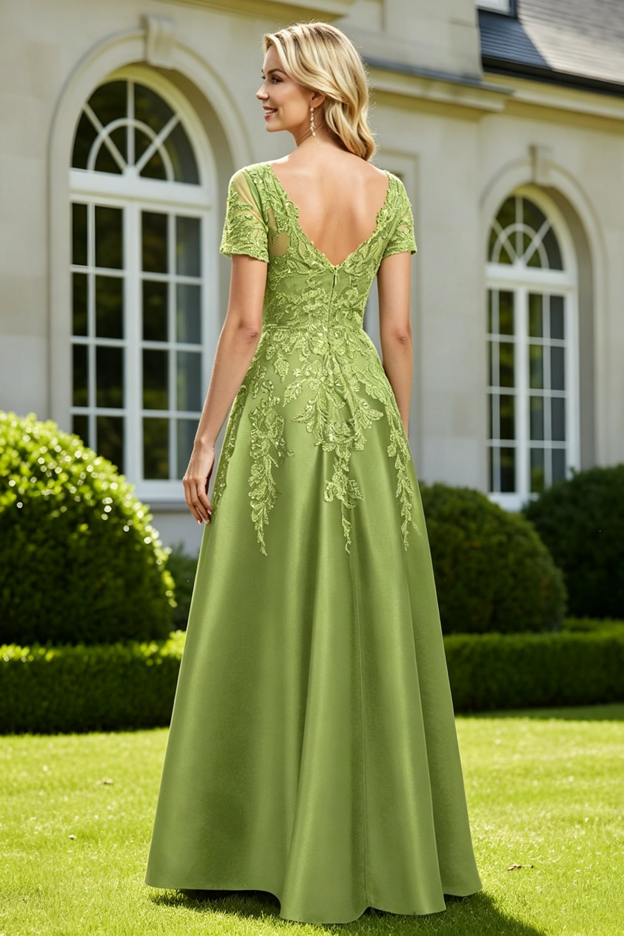 Green A-Line Short Sleeves Lace And Satin Mother Of The Bride Dress