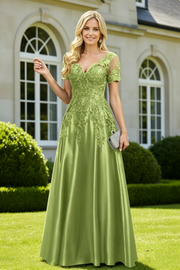 Green A-Line Short Sleeves Lace And Satin Mother Of The Bride Dress