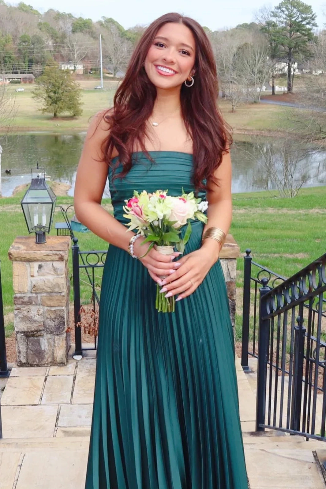Green A-Line Strapless Empire Sleeveless Pleated Party Prom Dress