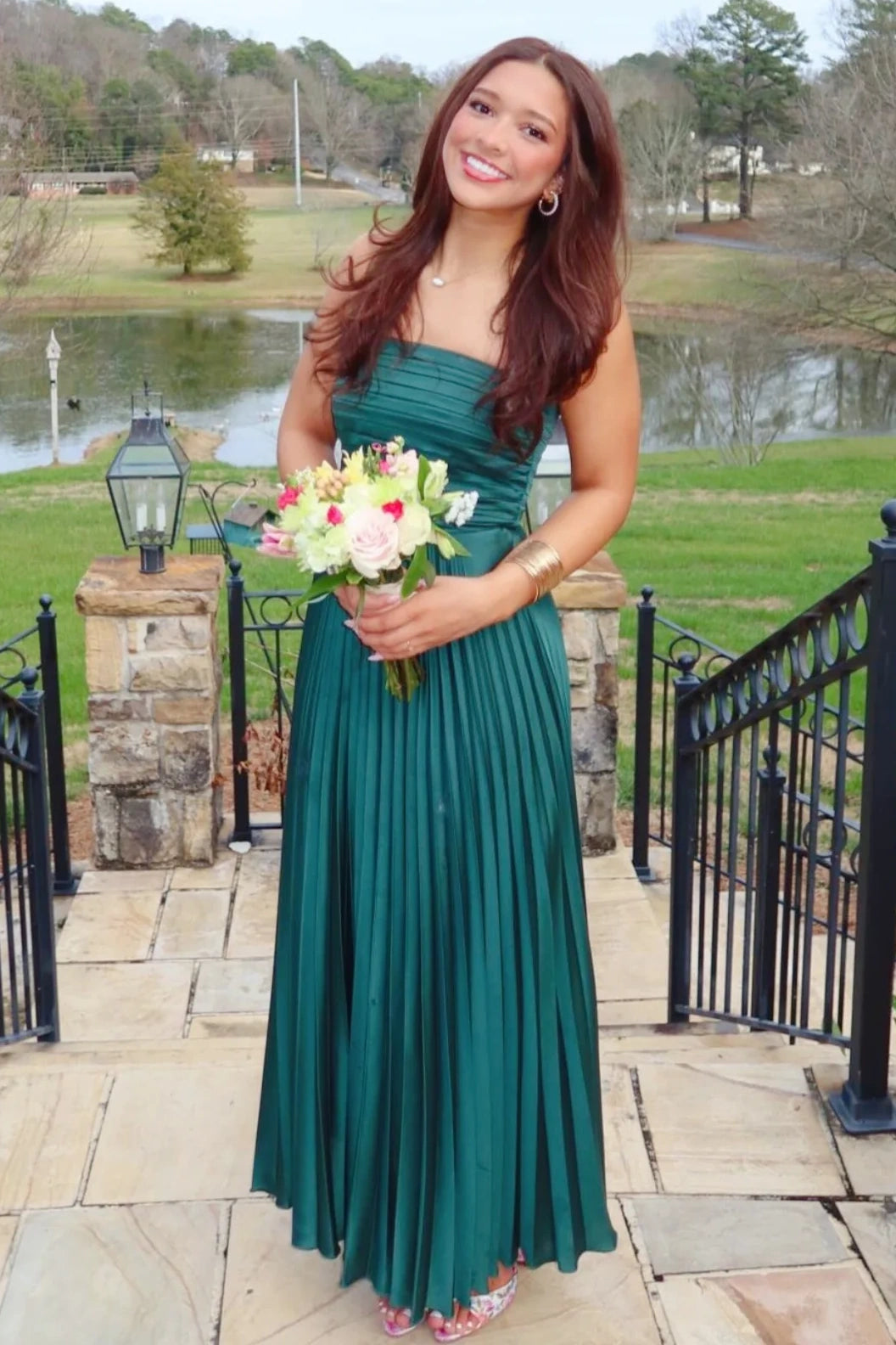 Green A-Line Strapless Empire Sleeveless Pleated Party Prom Dress
