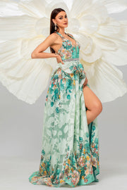 Green A-Line V-Neck Backless Party Prom Dress With Slit