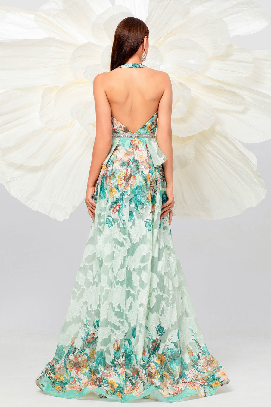 Green A-Line V-Neck Backless Party Prom Dress With Slit