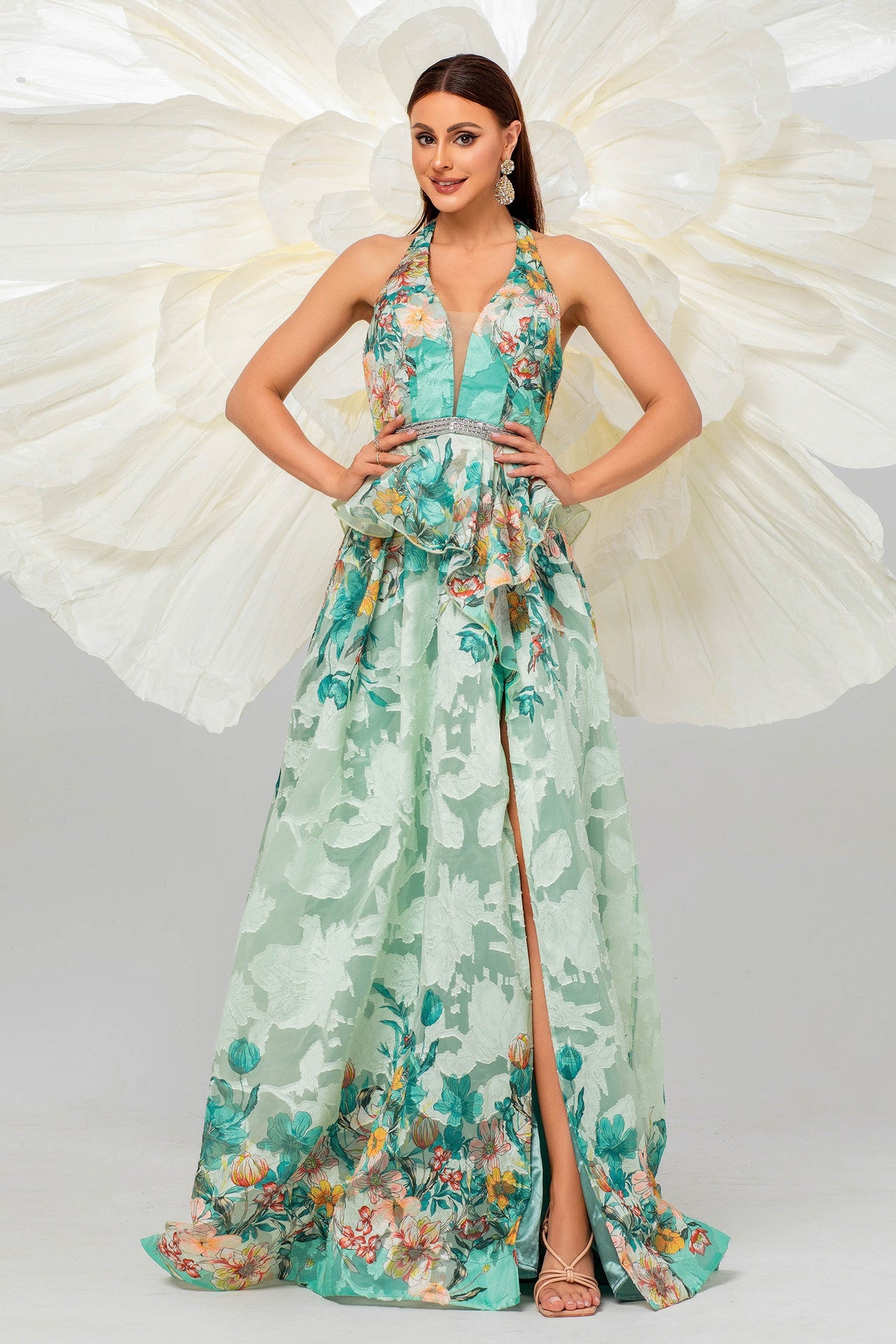 Green A-Line V-Neck Backless Party Prom Dress With Slit