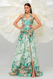 Green A-Line V-Neck Backless Party Prom Dress With Slit