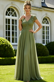Green A-Line V-Neck Cap Sleeves Two Tone Long Mother Of The Bride Dress