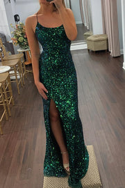 Green Bateau Sleeveless Lace Up Mermaid Sequin Party Prom Dress