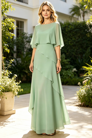 Green Chiffon A-Line Round Tiered Mother Of The Bride Dress