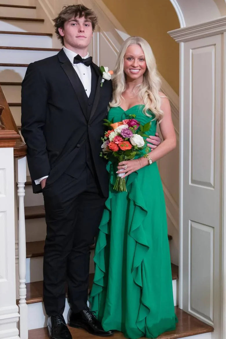 Green Chiffon A-Line Sweetheart Sleeveless Ruffle Maxi Party Prom Dress