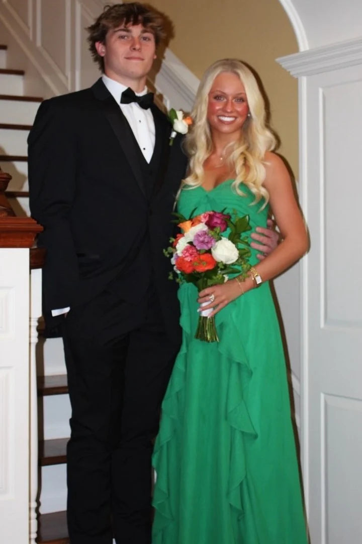 Green Chiffon A-Line Sweetheart Sleeveless Ruffle Maxi Party Prom Dress