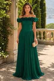 Green Floral Off-Shoulder A-Line Pleated Maxi Mother Of The Bride Dress