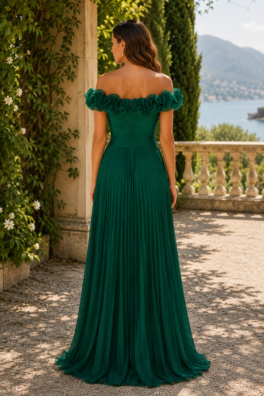 Green Floral Off-Shoulder A-Line Pleated Maxi Mother Of The Bride Dress