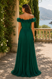 Green Floral Off-Shoulder A-Line Pleated Maxi Mother Of The Bride Dress