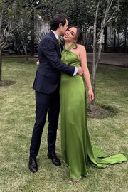 Green Halter Open Back Satin A-Line Long Party Prom Dress
