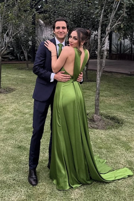 Green Halter Open Back Satin A-Line Long Party Prom Dress