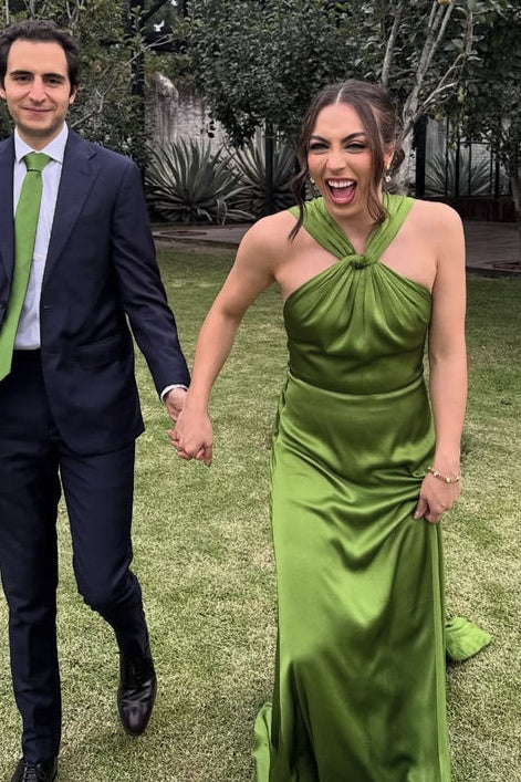 Green Halter Open Back Satin A-Line Long Party Prom Dress
