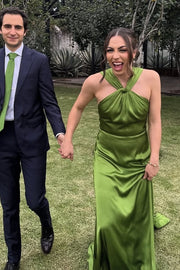 Green Halter Open Back Satin A-Line Long Party Prom Dress