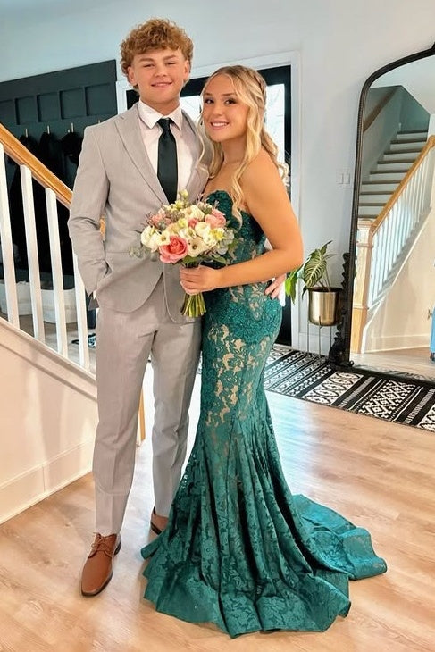 Green Lace Mermaid Strapless Party Prom Dress With Train