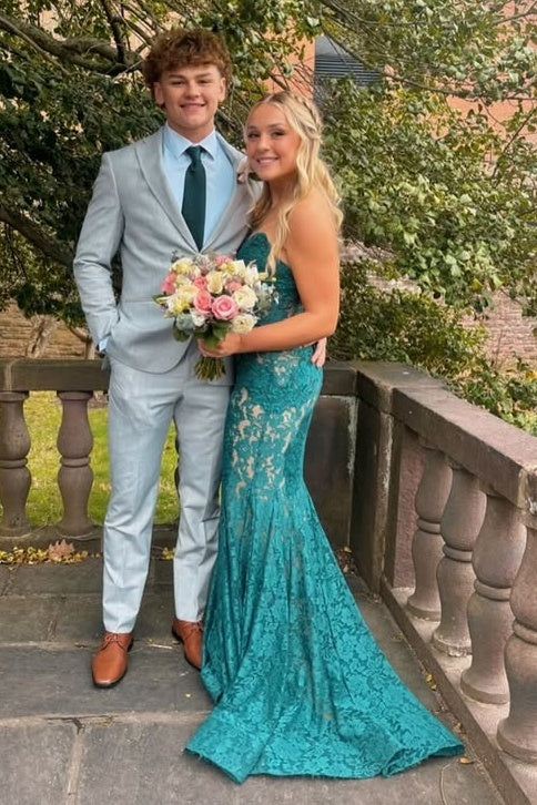 Green Lace Mermaid Strapless Party Prom Dress With Train