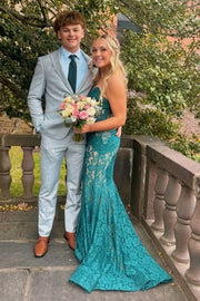 Green Lace Mermaid Strapless Party Prom Dress With Train