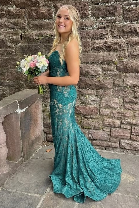 Green Lace Mermaid Strapless Party Prom Dress With Train