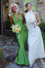 Green Low V-Neck Halter Sleeveless Mermaid Satin Party Prom Dress 