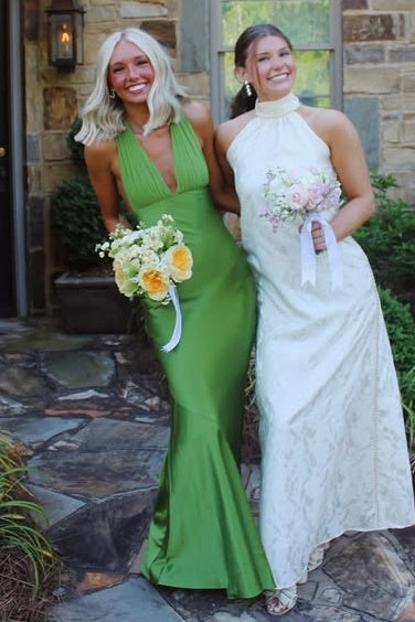 Green Low V-Neck Halter Sleeveless Mermaid Satin Party Prom Dress 