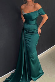 Green One Shoulder Sleeveless Empire Party Prom Dress With Side Train