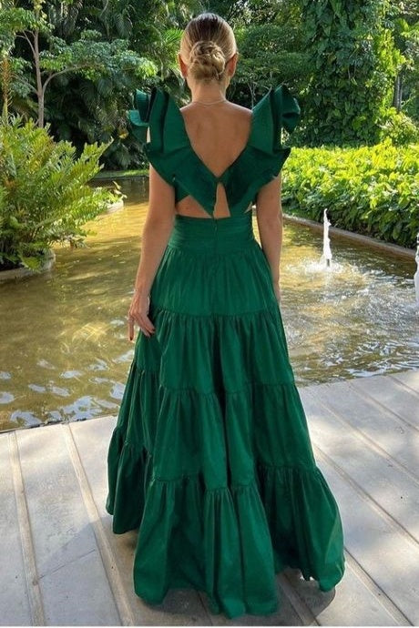 Green Satin A-Line Ruffled Long Party Prom Dress