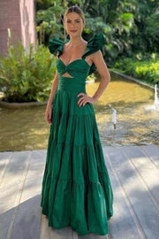 Green Satin A-Line Ruffled Long Party Prom Dress