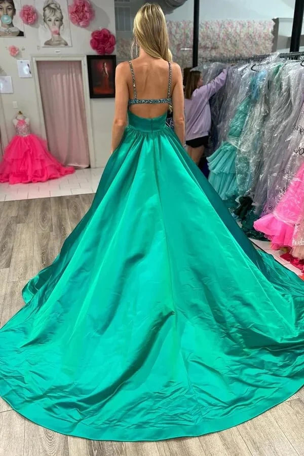 Green Satin A-Line Spaghetti Straps Prom Party Dress