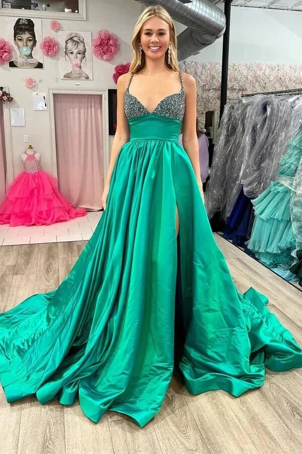 Green Satin A-Line Spaghetti Straps Prom Party Dress