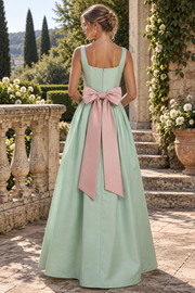 Green Satin A-Line Square Straps Bow Empire Maxi Party Prom Dress