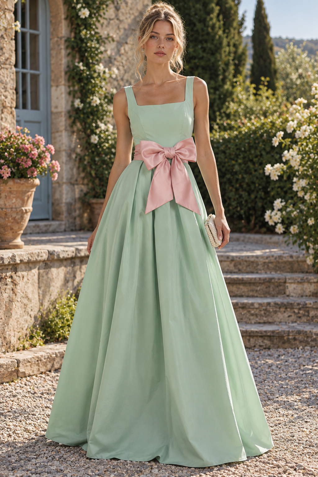 Green Satin A-Line Square Straps Bow Empire Maxi Party Prom Dress