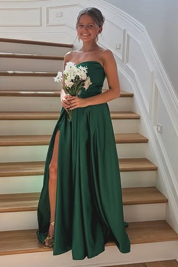 Green Satin A-Line Strapless Floor-Length Split Party Prom Dress