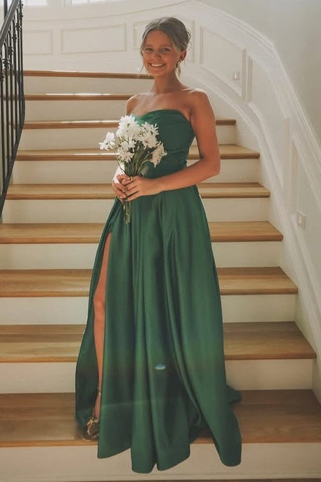 Green Satin A-Line Strapless Floor-Length Split Party Prom Dress 