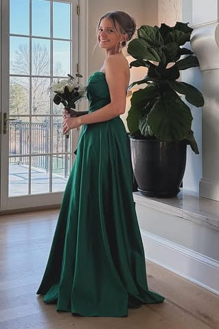 Green Satin A-Line Strapless Floor-Length Split Party Prom Dress