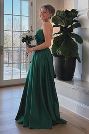 Green Satin A-Line Strapless Floor-Length Split Party Prom Dress 