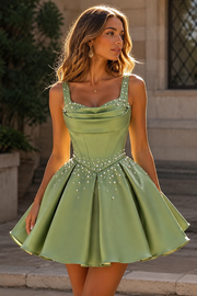 Green Satin A-Line Straps Empire Short Homecoming Dress With Beaded