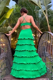 Green Satin A-Line V-Neck Illusion Empire Tiered Party Prom Dress