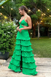 Green Satin A-Line V-Neck Illusion Empire Tiered Party Prom Dress