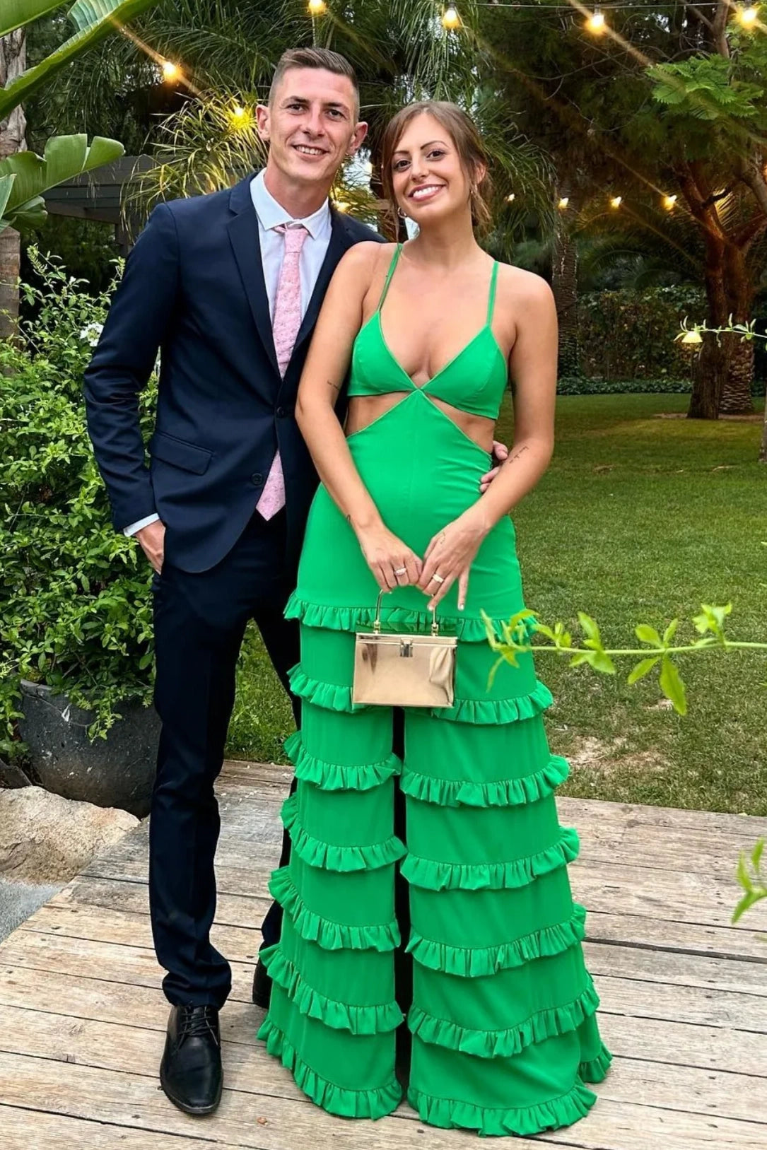 Green Satin A-Line V-Neck Illusion Empire Tiered Party Prom Dress